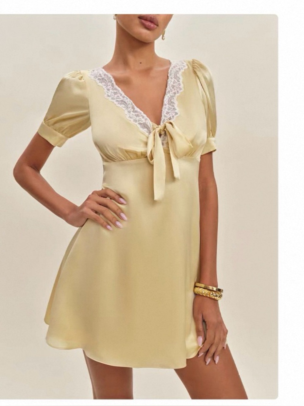 Reformation Avin Silk Mini Dress with White Lace Trim in Blond